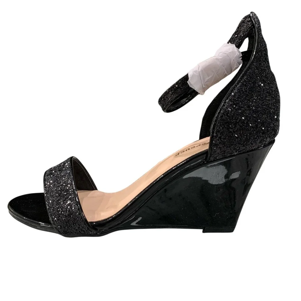 Forever Ashlyn-18 Black Glitter Wedge Sandals Ankle‎ Strap Heels 7.5 New